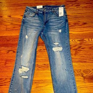 Straight leg high waist distressed blue jeans